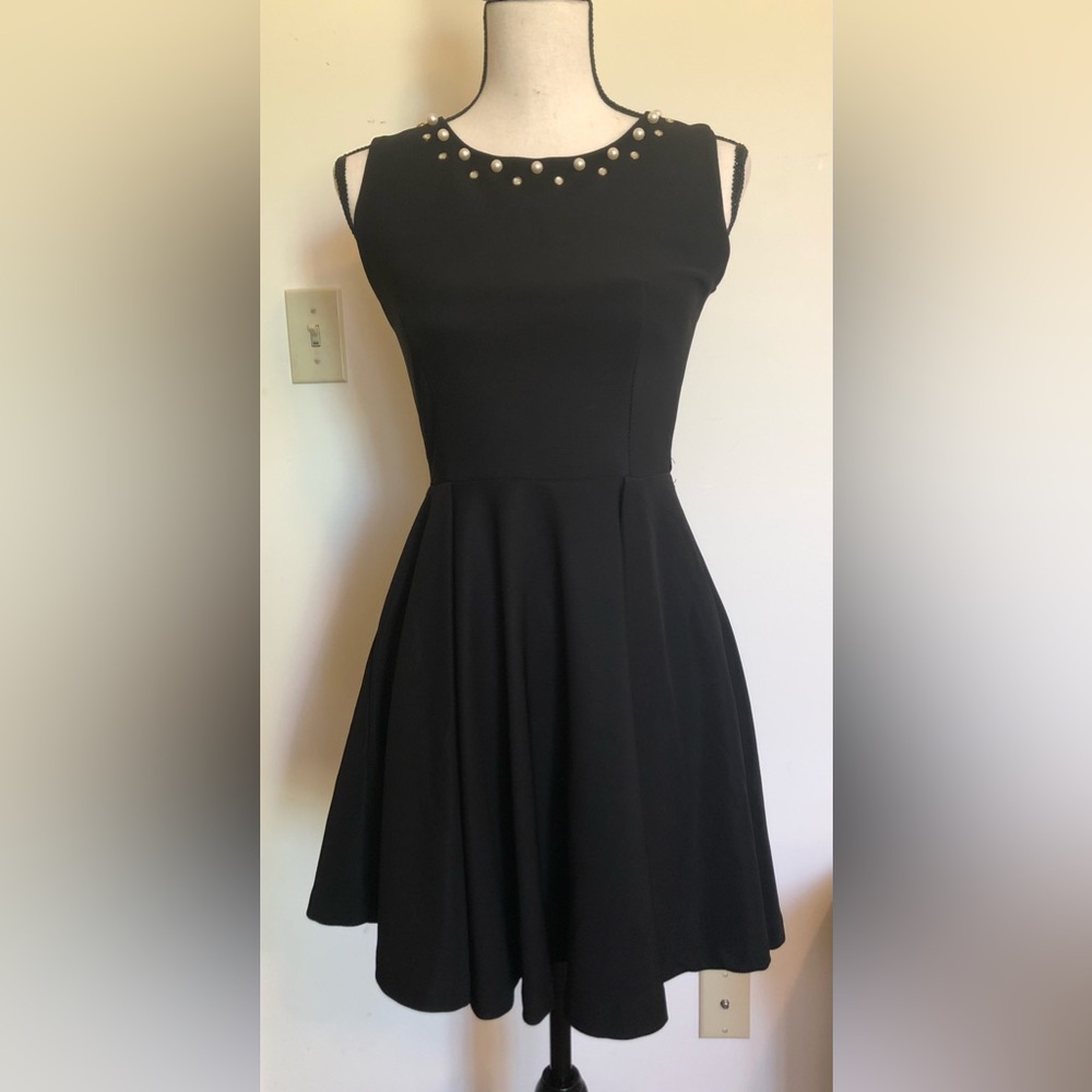 Dress; Black w/Pearl & Rhinestone Detailed Neckline; Sleeveless; Full Skirt